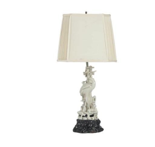 A BLANC DE CHINE FIGURE OF A CRANE MOUNTED AS A LAMP,