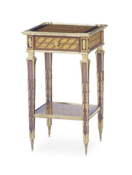 AN ENGLISH GILT-METAL MOUNTED SATINWOOD, MAHOGANY AND PARQUETRY SIDE TABLE,