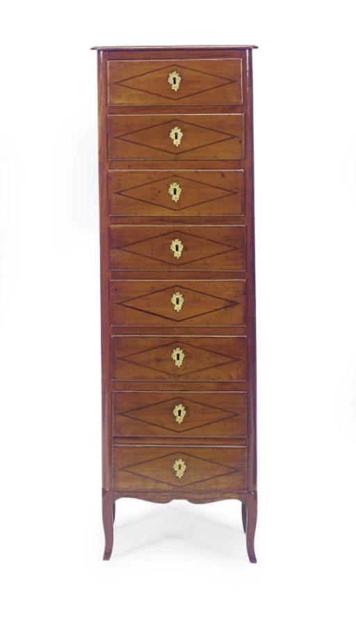 A FRENCH PROVINCIAL INLAID FRUITWOOD TALL CHEST-OF-DRAWERS,