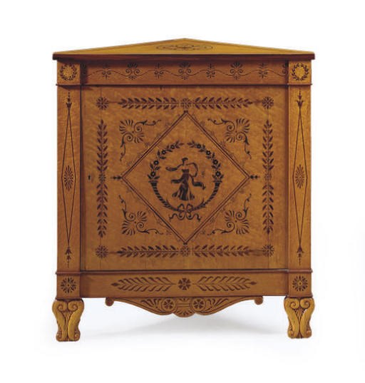 A FRENCH ROSEWOOD, AMARANTH-INLAID BURR-BIRCH CORNER CABINET**,