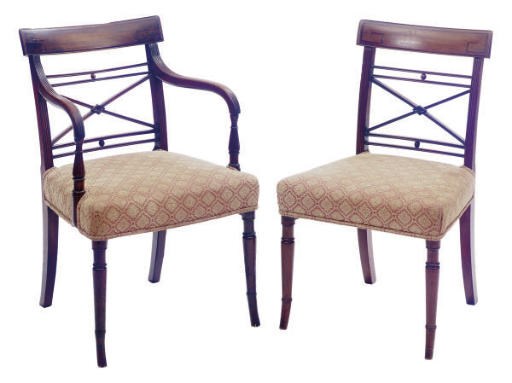 A SET OF SIX REGENCY MAHOGANY DINING CHAIRS,