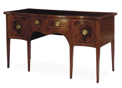 A GEORGE III MAHOGANY AND TULIPWOOD-BANDED SERPENTINE SIDEBOARD,
