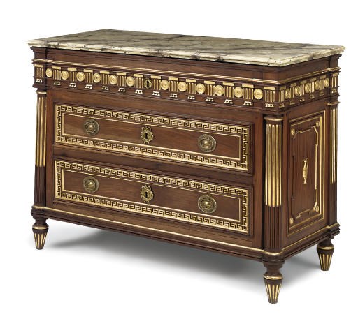 A NORTH ITALIAN WALNUT, PARCEL-GILT AND PAINTED COMMODE
