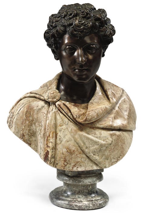AN ITALIAN BRONZE AND SPECIMEN MARBLE BUST OF THE YOUNG MARCUS AURELIUS