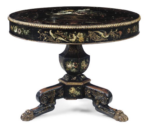 A LOUIS PHILIPPE FLORAL POLYCHROME-PAINTED, PARCEL-GILT AND EBONISED DRUM TABLE