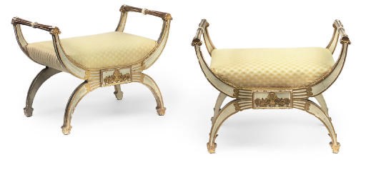 A PAIR OF SWEDISH PARCEL-GILT AND GREY-PAINTED X-FRAME STOOLS