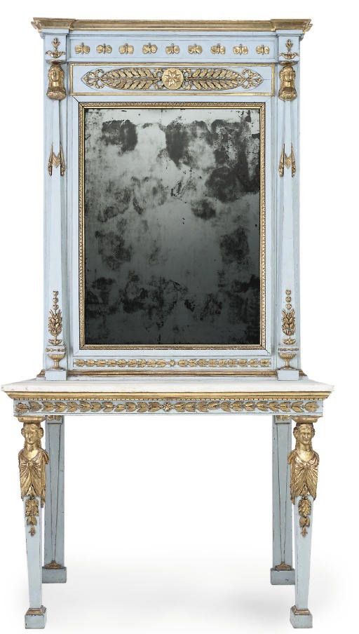 A NORTH ITALIAN GILTWOOD AND PALE BLUE-PAINTED CONSOLE TABLE AND MIRROR