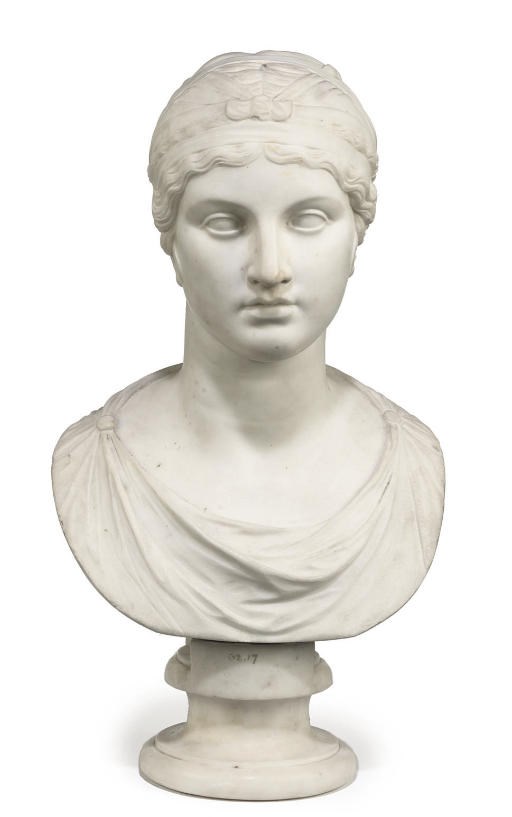 AN ITALIAN WHITE MARBLE BUST OF A CLASSICAL WOMAN