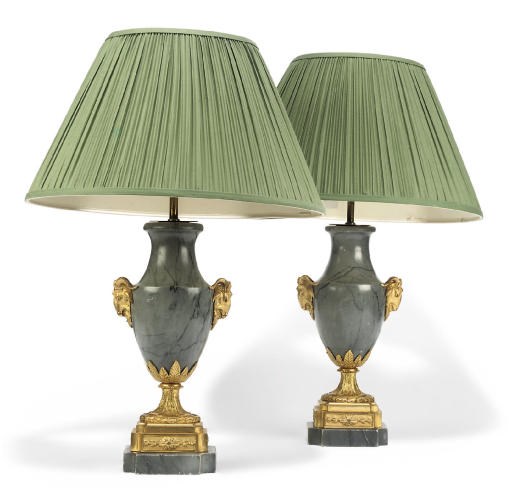 A PAIR OF LATE LOUIS XVI ORMOLU-MOUNTED BLEU TURQUIN MARBLE TABLE-LAMPS