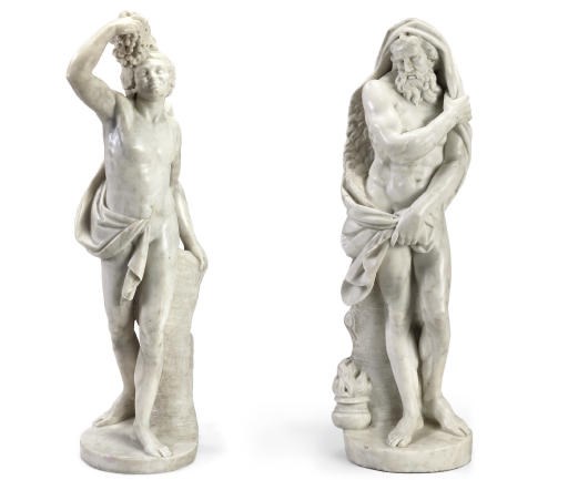 A PAIR OF ITALIAN WHITE MARBLE ALLEGORICAL FIGURES EMBLEMATIC OF AUTUMN AND WINTER