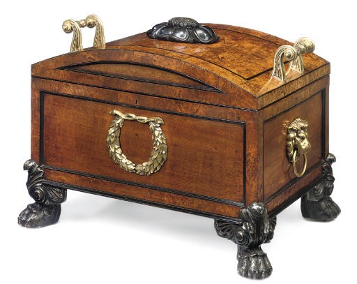 A LATE REGENCY BRASS-MOUNTED BURR-OAK, OAK, EBONISED AND PAINTED WINE COOLER