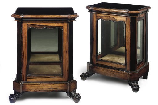 A PAIR OF ENGLISH EBONY AND CALAMANDER BREAKFRONT DISPLAY CABINETS