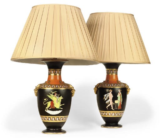 A PAIR OF HILL POTTERY ETRUSCAN STYLE PRINTED AND PAINTED TABLE LAMPS