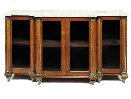 A GEORGE IV BIRD'S-EYE MAPLE AND GREEN-PAINTED BREAKFRONT SIDE CABINET