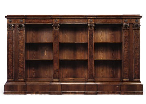AN ITALIAN WALNUT AND EBONY-LINE INLAID BREAKFRONT OPEN BOOKCASE