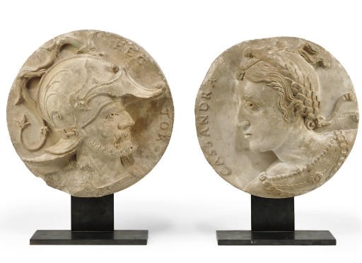 A PAIR OF FRENCH CARVED STONE RELIEF PLAQUES OF HECTOR AND CASSANDRA