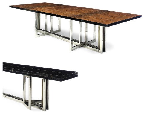 A MODERNIST MACASSAR EBONY, BLACK LACQUER, CHROME AND BRASS CENTRE TABLE
