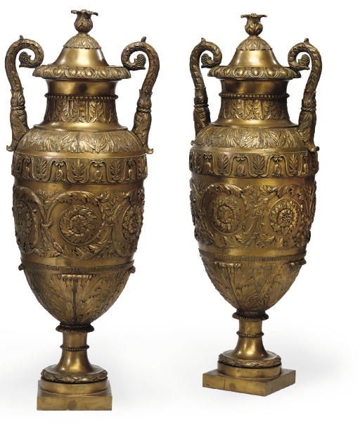 A PAIR OF ITALIAN GILT-BRONZE VASES AND COVERS