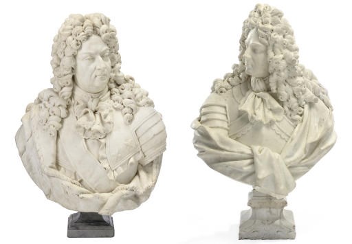 A PAIR OF FRENCH WHITE MARBLE BUSTS OF LE GRAND DAUPHIN AND LE DUC DE BERRY