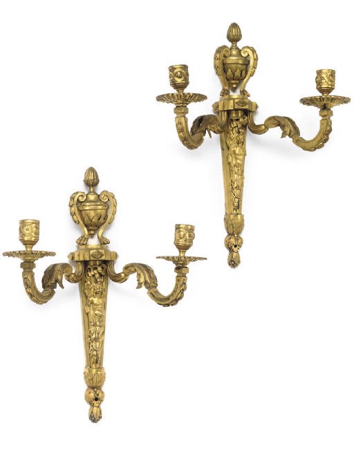 A PAIR OF LOUIS XVI GILT BRONZE TWIN-BRANCH WALL APPLIQUES