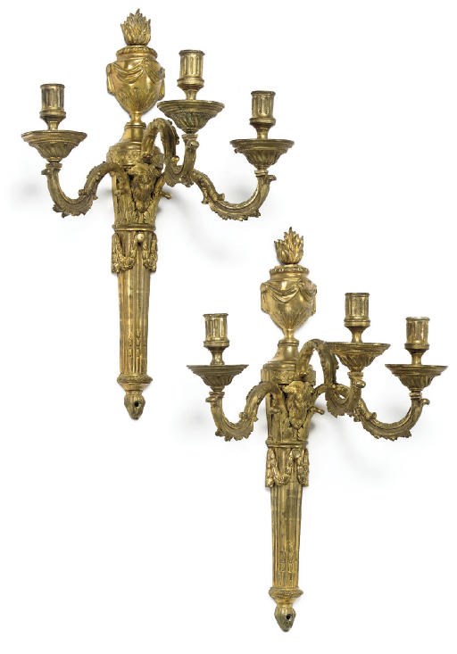 A PAIR OF LOUIS XVI GILT-BRONZE THREE-LIGHT WALL APPLIQUES