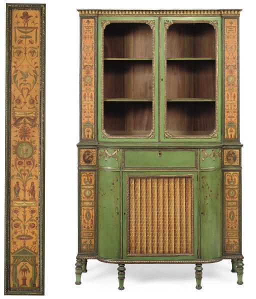 A GEORGE III STYLE PARCEL-GILT, GREEN AND POLYCHROME-PAINTED BOWFRONT BOOKCASE