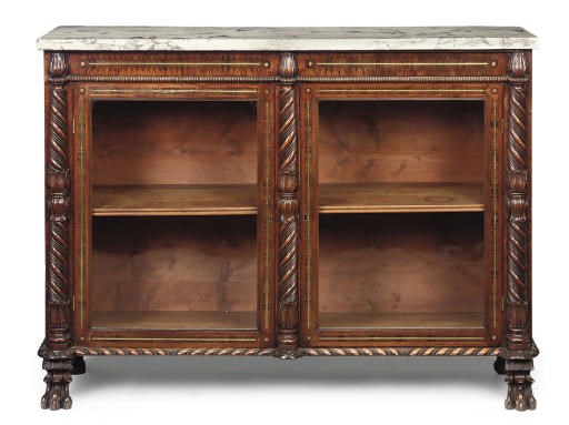 AN IRISH GEORGE IV BRASS AND ROSEWOOD INLAID MAHOGANY SIDE CABINET