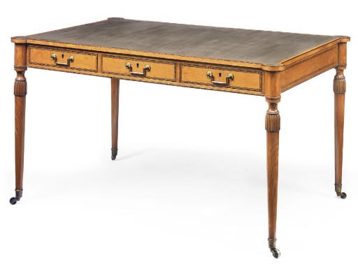 AN EBONY-LINE AND CALAMANDER CROSS-BANDED SATINWOOD WRITING TABLE