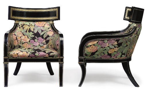 A PAIR OF ETRUSCAN REVIVAL EBONISED AND SILVER-PAINTED EASY ARMCHAIRS