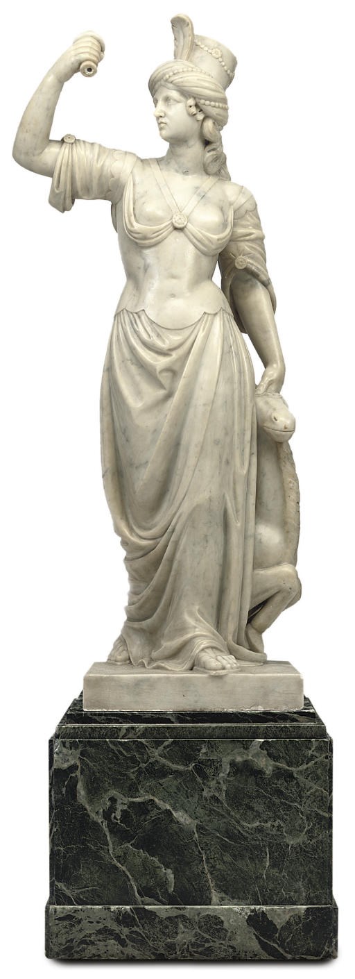 AN ITALIAN VARIEGATED CREAM MARBLE ALLEGORICAL FIGURE EMBLEMATIC OF ASIA