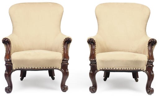 A PAIR OF VICTORIAN MAHOGANY EASY ARMCHAIRS
