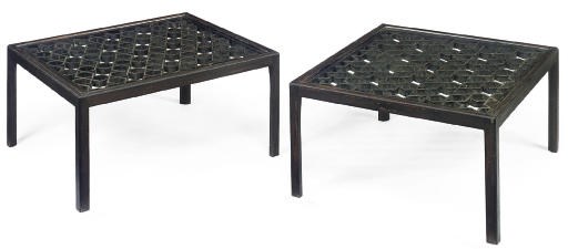 A PAIR OF PAINTED PINE GLASS-TOPPED COFFEE TABLES