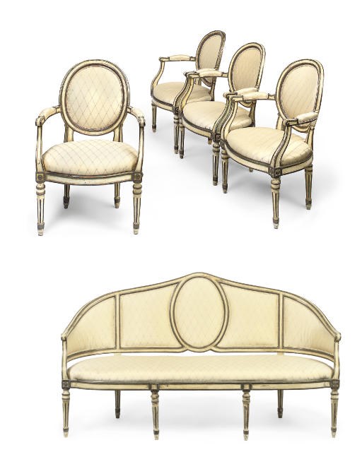A NORTH ITALIAN CREAM AND GREY-PAINTED CANAPÉ AND FOUR FAUTEUILS