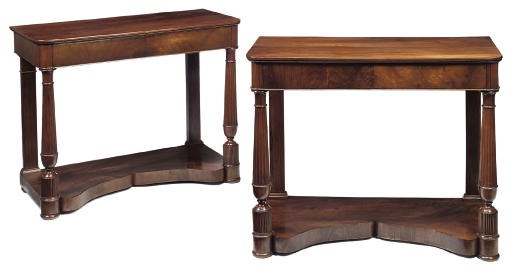 A PAIR OF BIEDERMEIER MAHOGANY CONSOLE TABLES