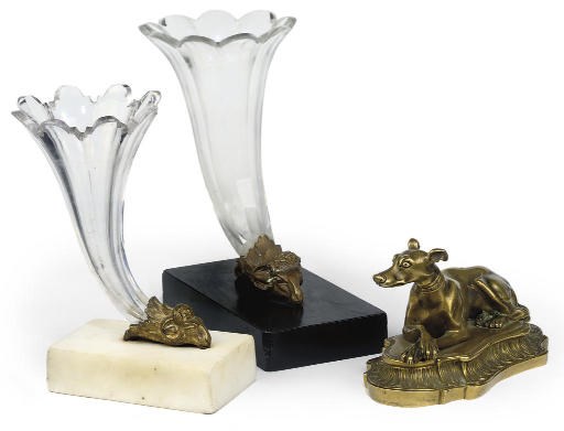 TWO VICTORIAN GILT-BRONZE, MARBLE AND GLASS CORNUCOPIA VASES