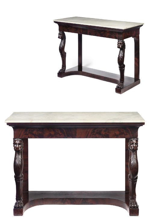 A PAIR OF RESTAURATION MARBLE-TOPPED MAHOGANY CONSOLES