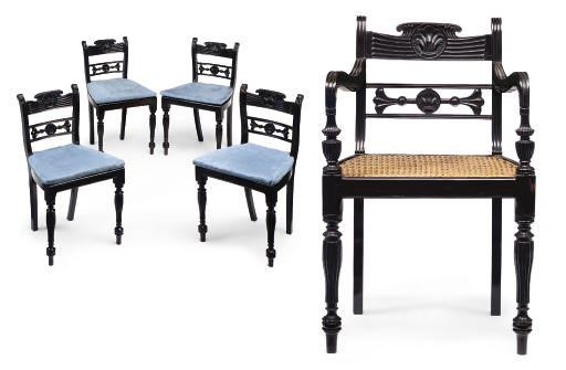 A SET OF TWELVE ANGLO-INDIAN EBONY DINING-CHAIRS INCLUDING TWO OPEN ARMCHAIRS