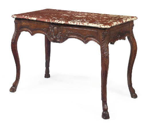 A LOUIS XV PROVINCIAL MARBLE-TOPPED WALNUT CONSOLE TABLE