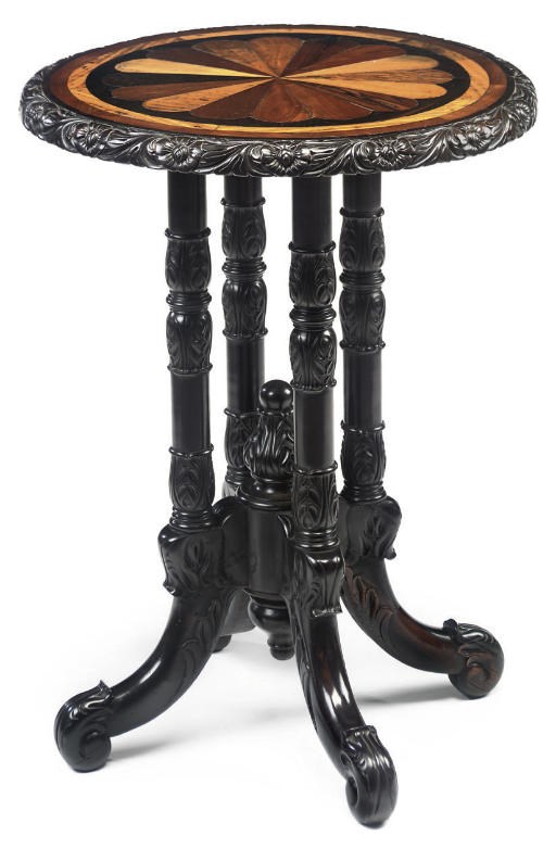 AN ANGLO-INDIAN EBONY AND SPECIMEN WOOD OCCASIONAL TABLE