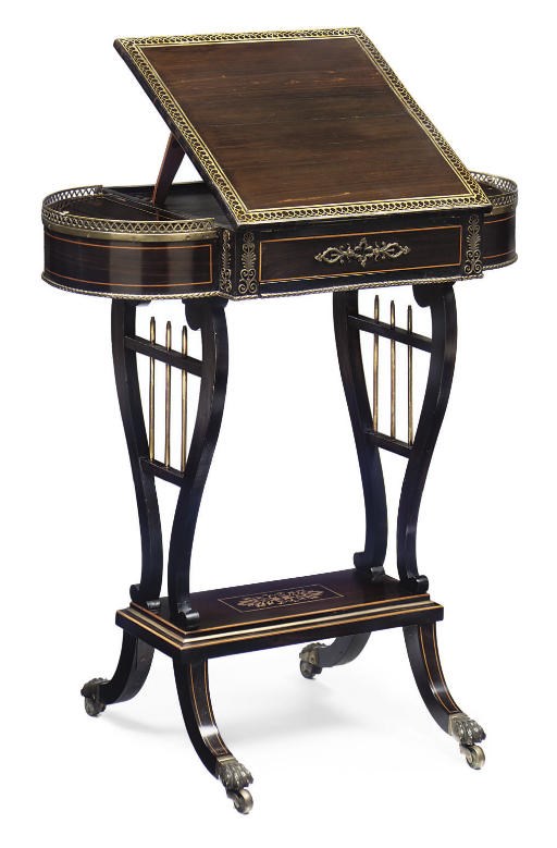 A REGENCY BRASS-INLAID AND BOXWOOD INLAID EBONY AND EBONISED WORK TABLE