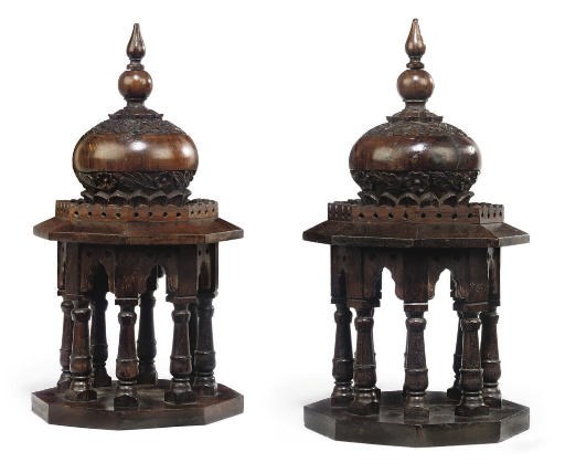A PAIR OF INDIAN TEAK TEMPLE MODELS
