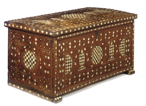 A SYRIAN MOTHER-OF-PEARL AND TORTOISESHELL INLAID OLIVEWOOD COFFER