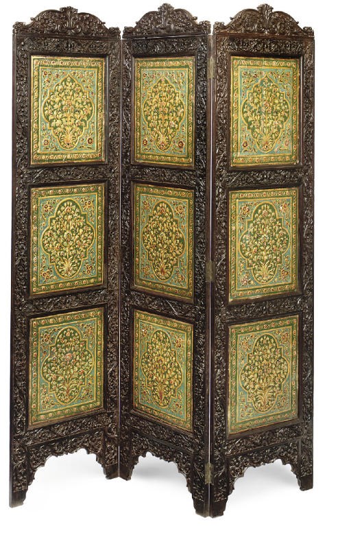AN ANGLO-INDIAN CARVED HARDWOOD, POLYCHROME-PAINTED AND GILT-GESSO REVERSIBLE 'DAY' AND 'NIGHT' THREE-FOLD SCREEN