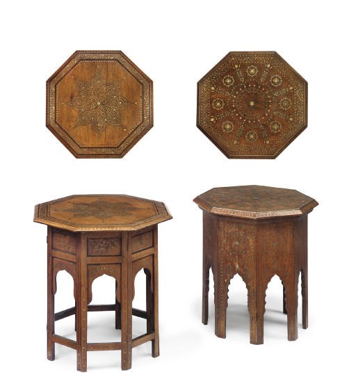 TWO ANGLO-INDIAN BRASS AND EBONY INLAID PADOUK AND TEAK OCTAGONAL TABLES