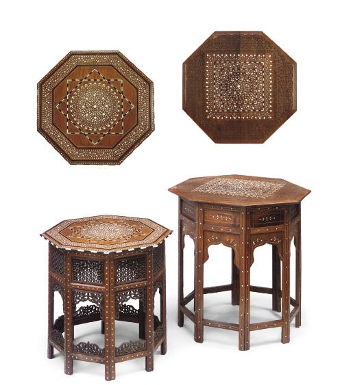 TWO ANGLO-INDIAN IVORY AND EBONY INLAID PADOUK AND TEAK OCTAGONAL TABLES