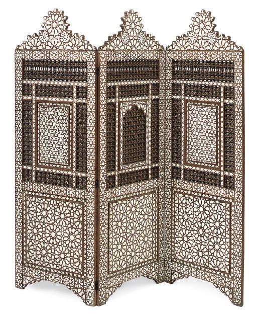 A SYRIAN MOTHER-OF-PEARL AND IVORY INLAID OLIVEWOOD THREE-FOLD SCREEN