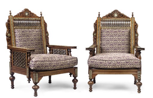 A PAIR OF OTTOMAN STYLE MOTHER-OF-PEARL, EBONY AND IVORY-INLAID BEECH ARMCHAIRS