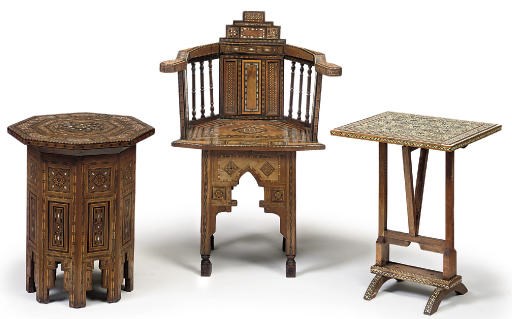 A GROUP OF SYRIAN MOTHER-OF-PEARL INLAID GEOMETRIC MARQUETRY AND OLIVEWOOD FURNITURE