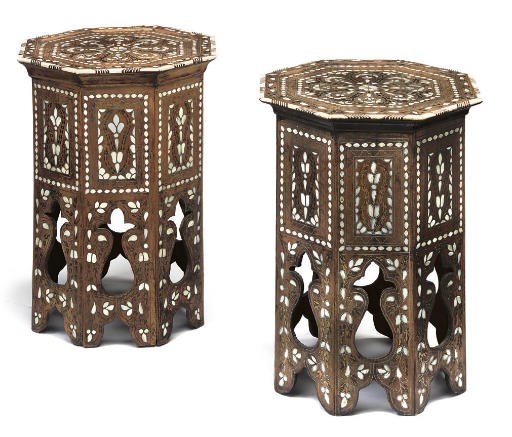 A PAIR OF OTTOMAN BRASS, IVORY AND SILVER LINE-INLAID OLIVEWOOD OCTAGONAL OCCASIONAL TABLES