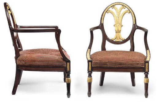 A PAIR OF ITALIAN MAHOGANY AND PARCEL-GILT OPEN ARMCHAIRS